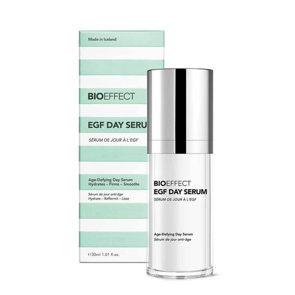 Green and white striped, rectangular-shaped package with a clear bottle of BIOEFFECT Anti-Aging Skincare EGF Daytime Face Serum to the right of the package.