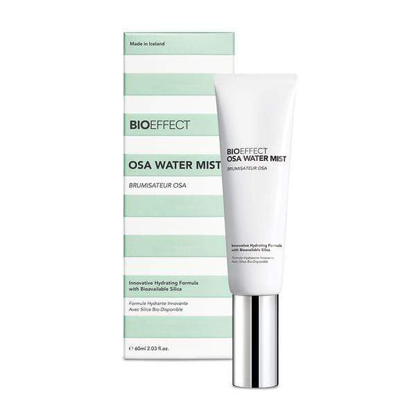 Green-and-white striped package with a small white bottle of BIOEFFECT Growth Factor Skincare OSA Water Mist to the right of the package.