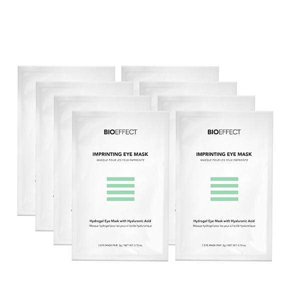8 White packages of BIOEFFECT EGF Skincare Imprinting Hydrating Eye Mask rest in orderly piles of 2.