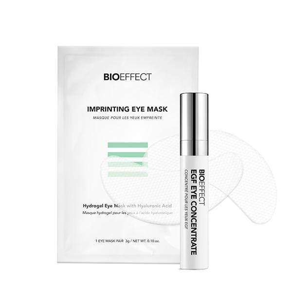 BIOEFFECT EGF Skincare Imprinting Hydrating Eye Mask with a roller bottle of EGF Eye Concentrate.