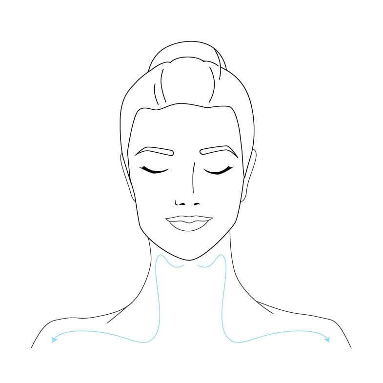 Drawing of a woman’s head, neck, and shoulders with hair in a bun and eyes closed. Tiny blue arrows outline her neck, shoulders, and upper chest.